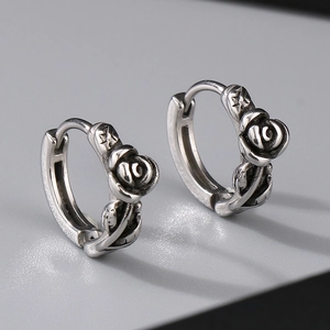 Vintage silver stainless steel rose flower hoop earrings with detailed 3D floral carving