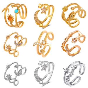 Bagues Ouvertes Étoile Lune Évidées À Trois Couches En Cuivre Zircone Ajustables Bijoux Célestes Mode Pour Femmes