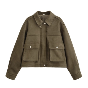 Veste Courte En Simili Daim Pour Femmes Mode Style Cargo Col À Revers Manches Longues Boutonnée Extérieur