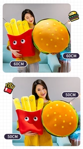 Close-up of plush burger and french fries toys held by a model in 50cm and 60cm sizes