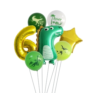 Dinosaur birthday party balloon set with green dino foil and gold number 6 balloon