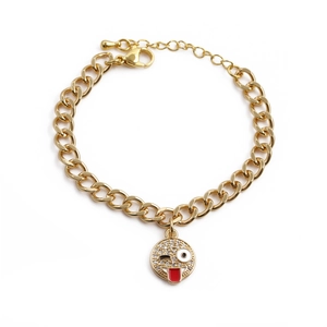 Zircon copper charm bracelet with winking smiley face emoji and gold chain links