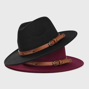 Classic wool felt fedora hats in black and burgundy with brown leather belt and metal buckle