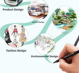 Detail of 0.4mm fineliner pen with design application icons for professional drawing