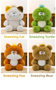Detail of four funny plush animals including turtle and bear with unique runny nose design