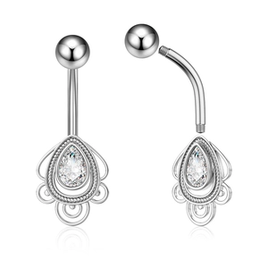 Close-up of zircon belly button ring showing screw thread structure and silver droplet