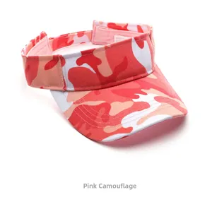 Detailed close-up of pink camouflage sun visor with adjustable velcro strap and sweatband