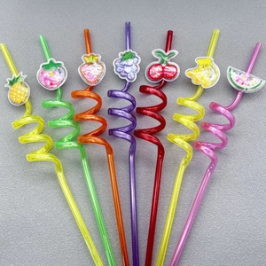Reusable spiral fruit straws in 8 vibrant colors with cute pineapple and strawberry charms