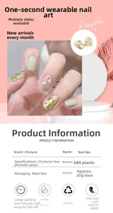 Detail view of green and gold press-on nails set including specifications and 24-piece kit