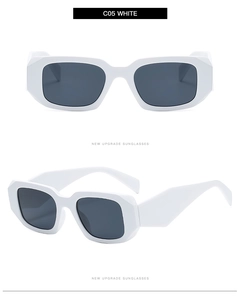 Detail view of model C05 white chunky polygon sunglasses with dark grey lenses