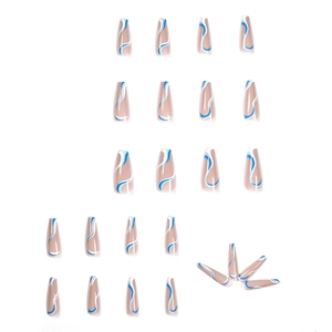 Blue and white wave line press-on nails in long coffin shape on a minimalist white background