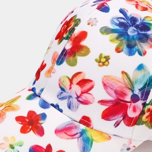 White baseball cap with colorful floral print and structured brim for women's summer sun protection