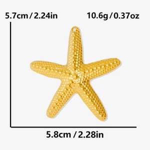 Golden 304 stainless steel starfish pendant with textured detail and dimensions shown
