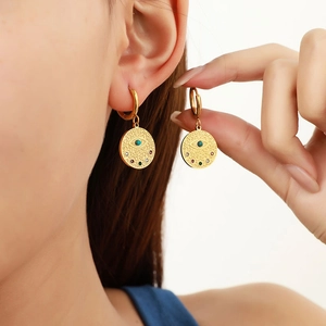Bohemian gold plated stainless steel evil eye hoop earrings with colorful crystals