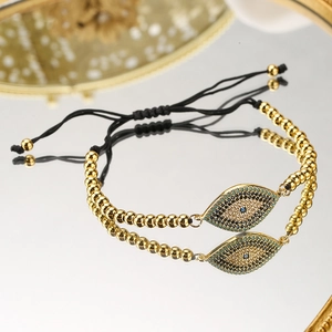 Minimalist 18K gold plated beaded Evil Eye bracelet with sparkling zircon and black cord