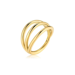 Macro detail of triple-layered golden stainless steel ring with polished finish