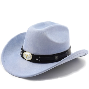 Detail of light blue faux suede cowboy hat featuring a bull skull embossed buckle belt