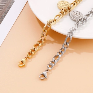 Minimalist stainless steel chain bracelets with tree of life coin pendants in gold and silver