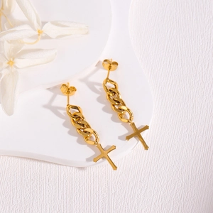 Stainless Steel Cross Chain Dangle Earrings For Women Punk Gothic Long Tassel Stud Earring Jewelry Accessory