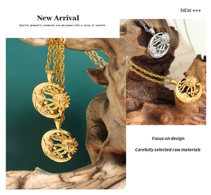 Macro detail of gold and silver sun moon pendants with zircon on twisted rope chain