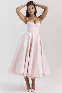Detail of light pink satin dress showing heart-shaped bustier and layered mesh tulle skirt