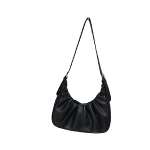 Minimalist black pleated crescent shoulder bag with gold metal buckle hardware