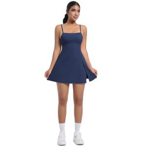 Detail view of square neck sports dress with side slit in navy blue for tennis and gym