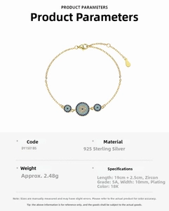 Detailed specifications of S925 sterling silver evil eye bracelet with 18K gold plating