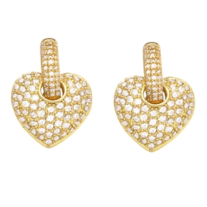 Elegant gold heart earrings with pavé white zircon stones on a white background