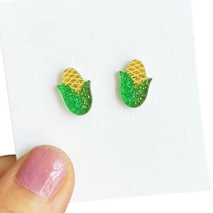 Boucles d'oreilles maïs en acrylique pailleté vert et jaune, bijoux mode automne