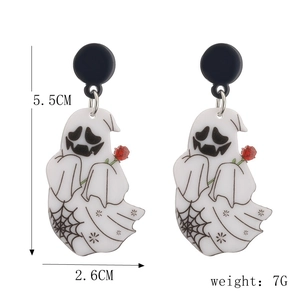 Macro view of acrylic ghost earrings showing dimensions 5.5cm by 2.6cm and 7g weight