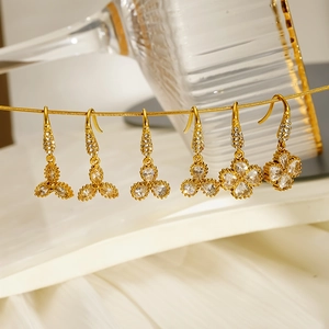 18K Gold Plated 304 Stainless Steel Drop Earrings For Women Micro Paved Zircon Geometric Flower Cross Dangle Jewelry