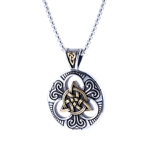 Viking Celtic Triquetra necklace with two-tone round pendant on square link chain