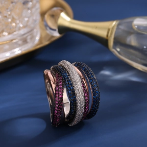 Luxurious multi-layer rose gold ring with blue, pink and white micro-pave crystals