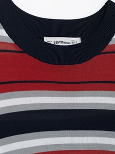 Detail shot of the ribbed crew neckline and colorful stripes on this knit sweater