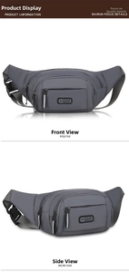 Detailed view of gray waterproof sports waist bag with multi-layer zipper pockets and buckle