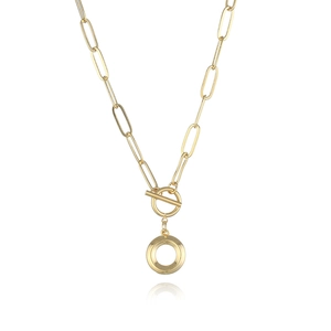 Detail of gold paperclip link necklace featuring a stylish toggle clasp and circular pendant