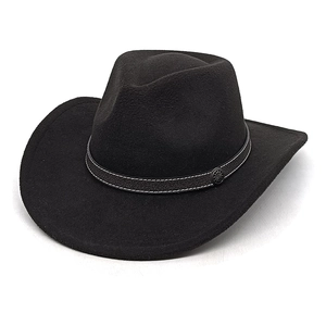 Classic black western cowboy felt hat with white stitching and vintage metal detail