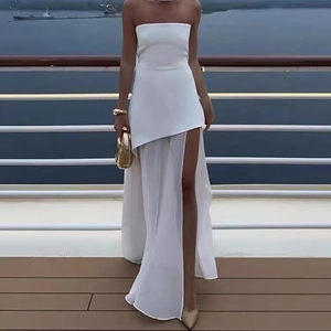 Elegant white strapless dress with scarf neckline and high slit for evening beach parties