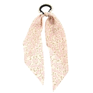 Floral chiffon scrunchie with faux pearl accents and long ribbon streamers for hair styling