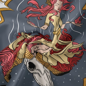 Detail of mystic tarot tapestry showing fantasy female illustration and fabric texture