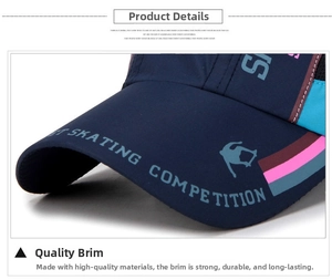 Macro detail of navy blue quick-dry baseball cap brim with skating competition print