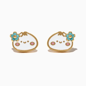 Cute cartoon steamed bun earrings with white enamel finish and blue flower detail