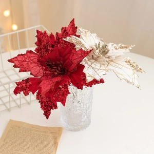 Sparkling artificial poinsettia with sequins for Christmas tree and wreath decoration
