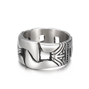 Vintage oxidized titanium steel wide band ring with intricate geometric ethnic patterns