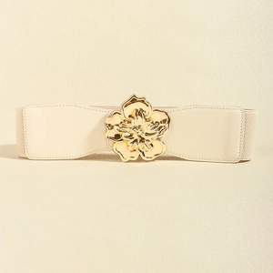 Détails de la ceinture large élastique pour femme avec grande boucle fleurie dorée