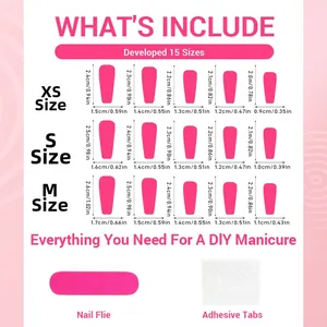 Detailed size guide for long trapezoid press-on nails with nail file and adhesive tabs