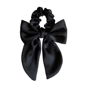 Elegant black silk bow scrunchie with long ribbons for women, premium glossy hair tie