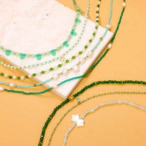 Green natural stone and crystal beaded necklace with titanium steel butterfly charm