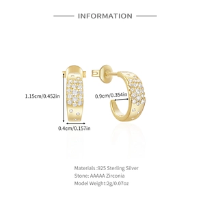 Detailed size specifications for 925 silver C-shape earrings with inlaid cubic zirconia